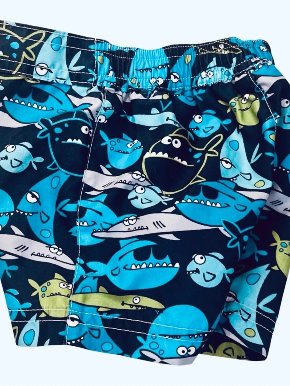Boys Small Blue Shark Print Swim Trunks polyester lining pull-on elastic waist